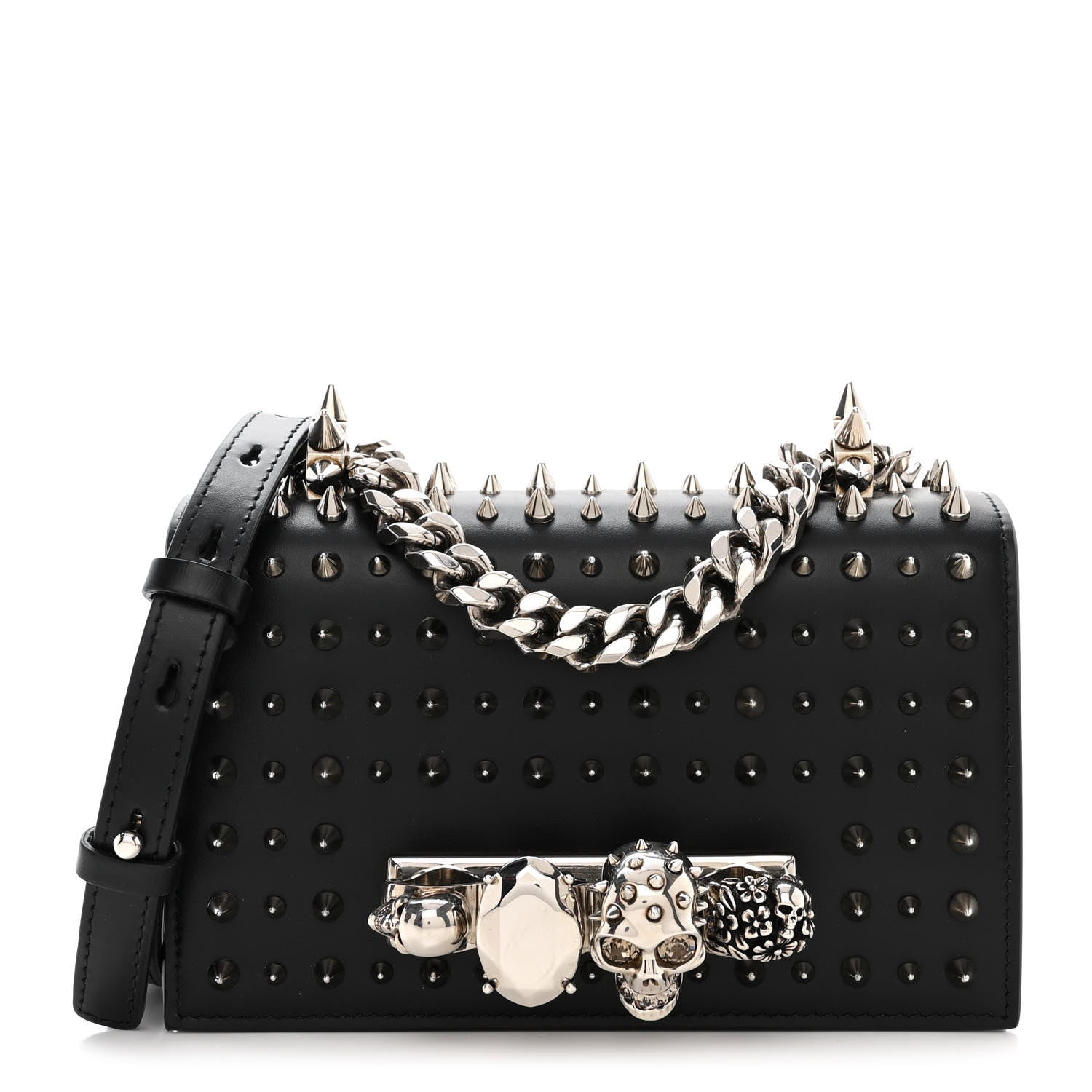 Alexander McQueen Calfskin Studded Knuckle Satchel Black Silver 1 of 12