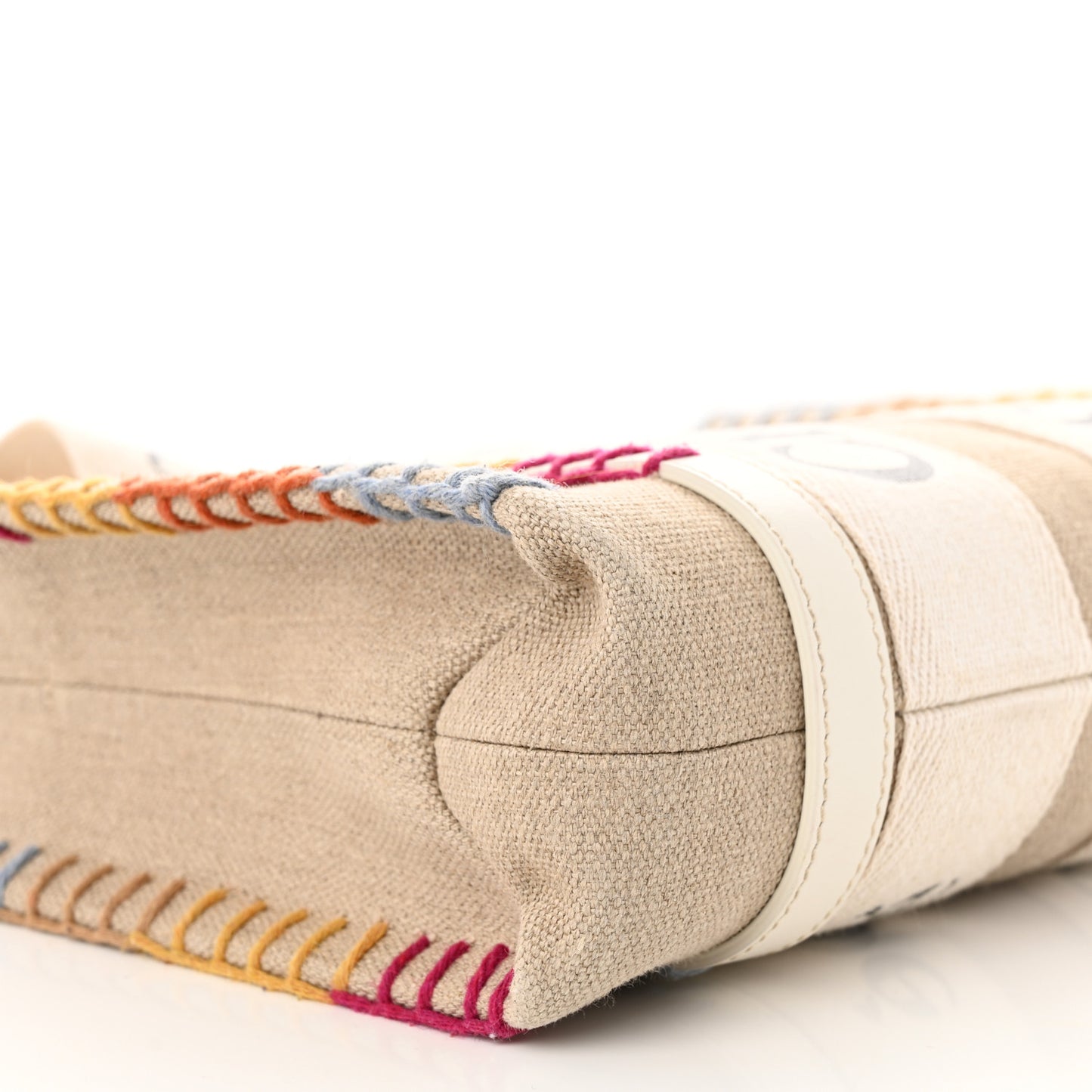 Linen Canvas Calfskin Blanket Stitched Small Woody Ribbon Tote White Multicolor