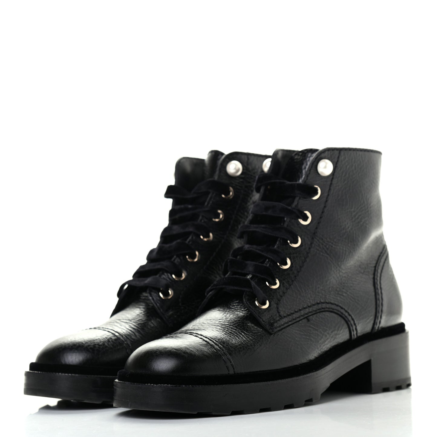 Calfskin Pearl Combat Ankle Boots 39.5 Black