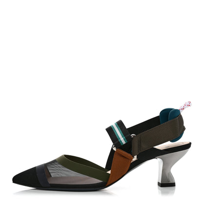 Fendi Technical Mesh Colibri 55mm Slingback Pumps 37.5 Black Verde Military 1 of 9