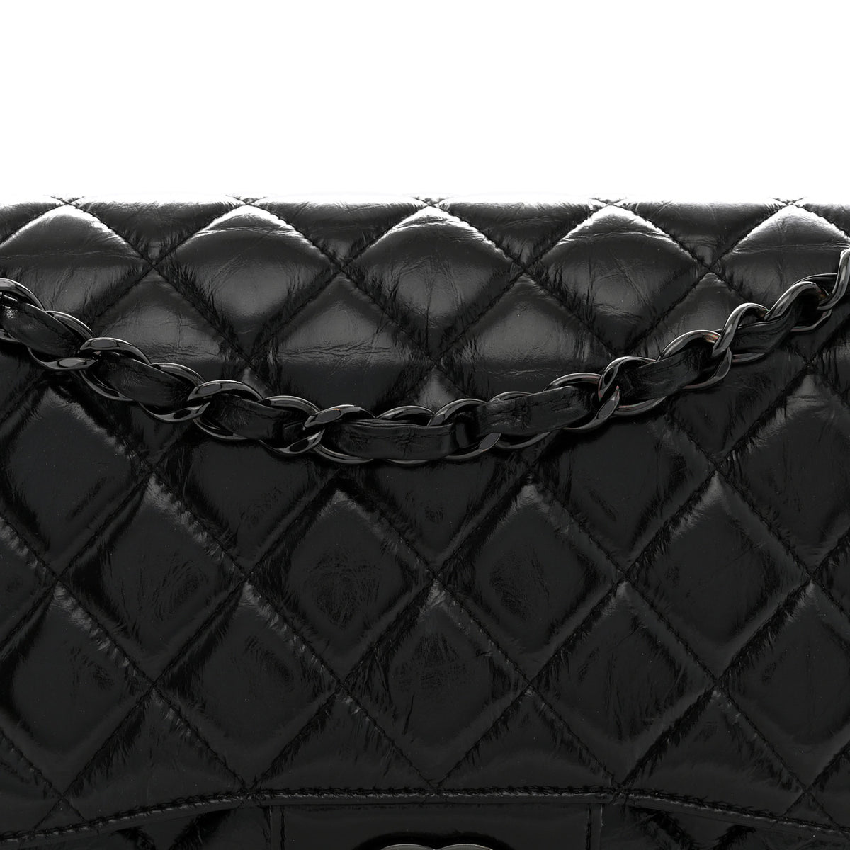 Shiny Distressed Calfskin Quilted Jumbo Double Flap So Black