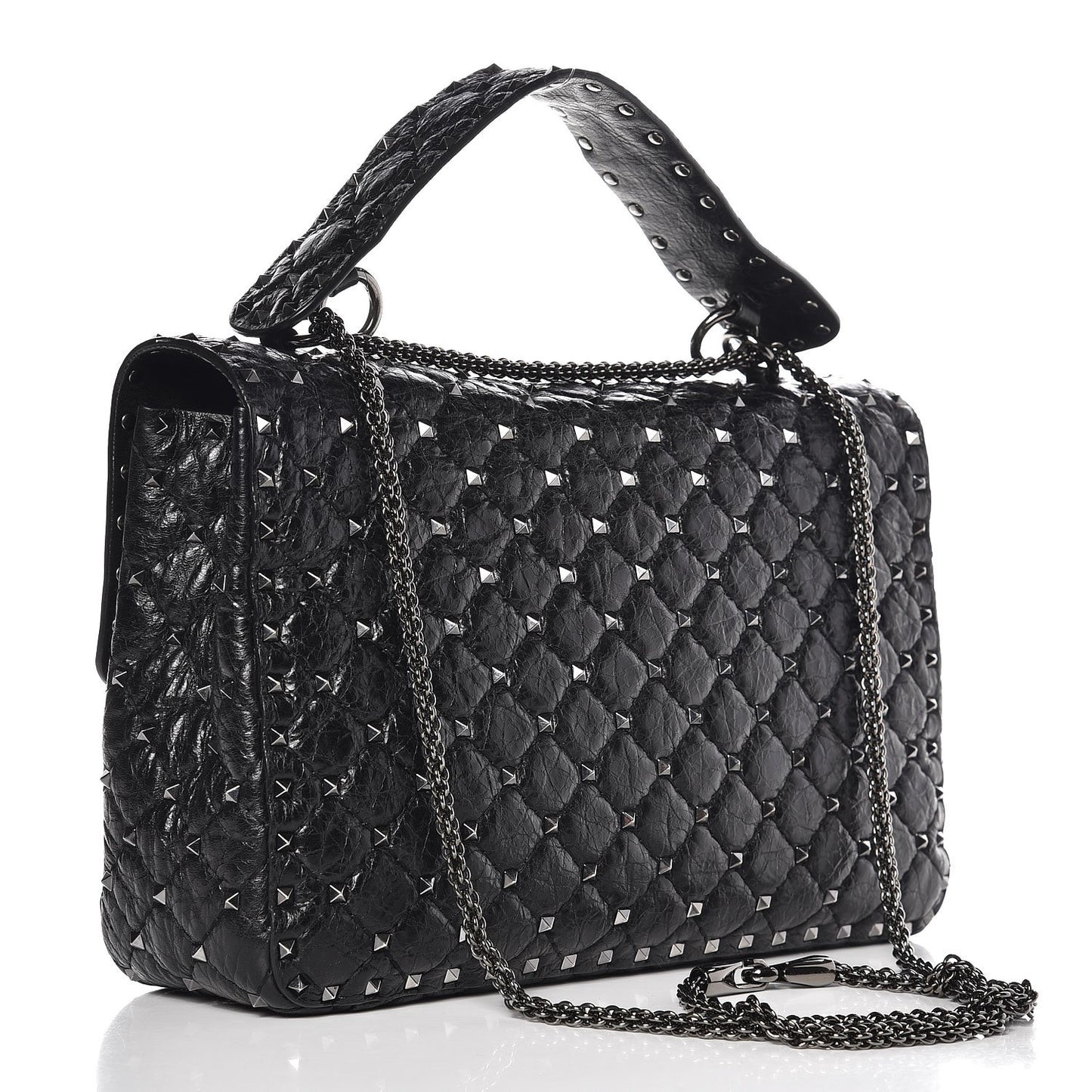 Craquele Nappa Large Rockstud Spike Shoulder Bag Black