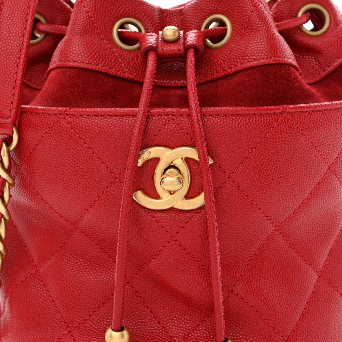 Caviar Suede Quilted Drawstring Bucket Bag Dark Red