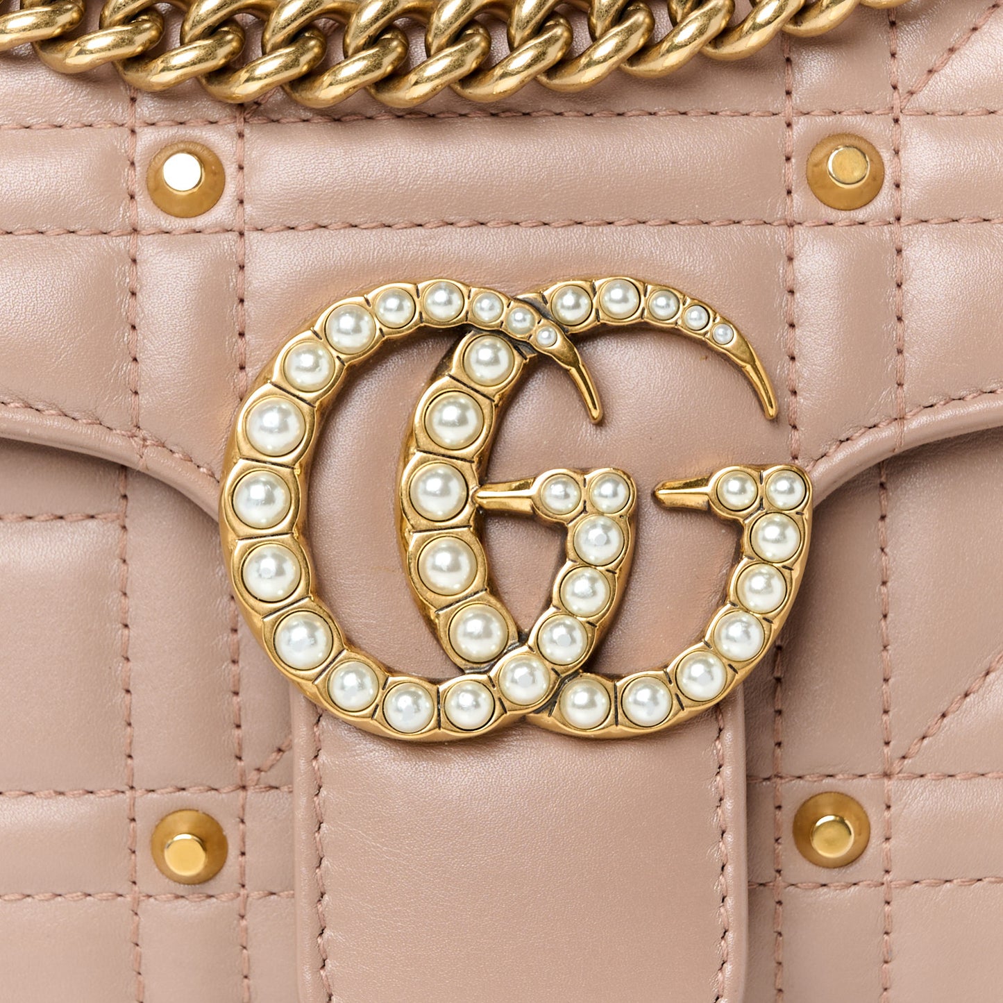 Calfskin Matelasse Studded Small Pearly GG Marmont Shoulder Bag Porcelain Rose