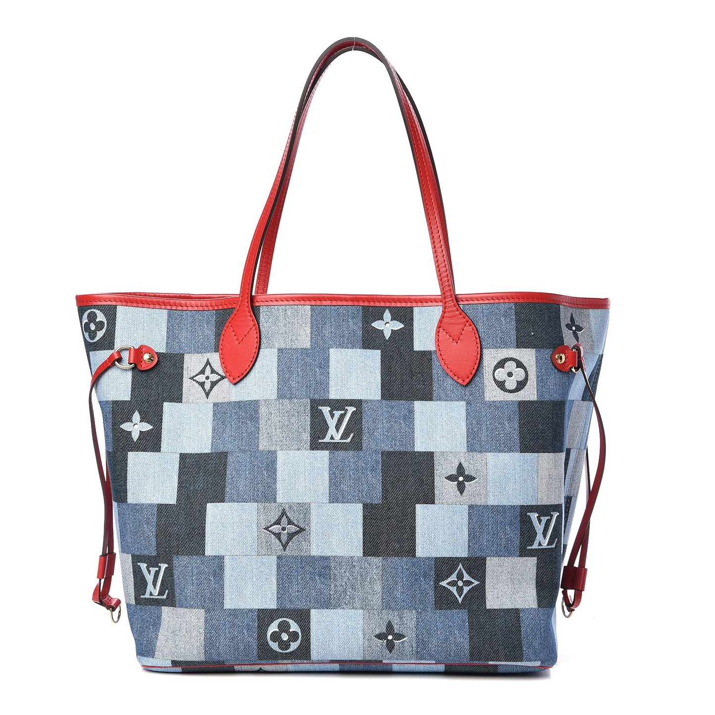 Denim Damier Monogram Patchwork Neverfull Blue Rouge
