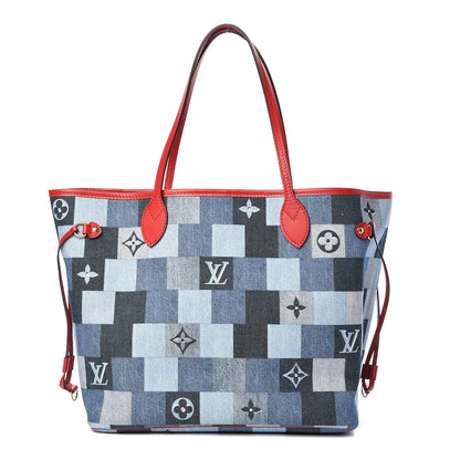 Louis Vuitton Denim Damier Monogram Patchwork Neverfull Blue Rouge 3 of 12