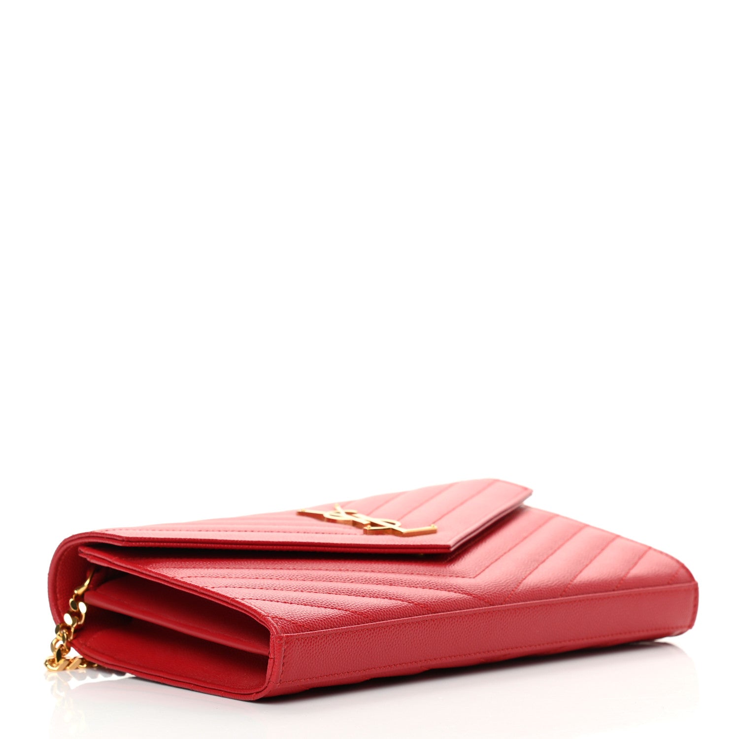 Saint Laurent Grain De Poudre Matelasse Chevron Monogram Chain Wallet New Red 4 of 10
