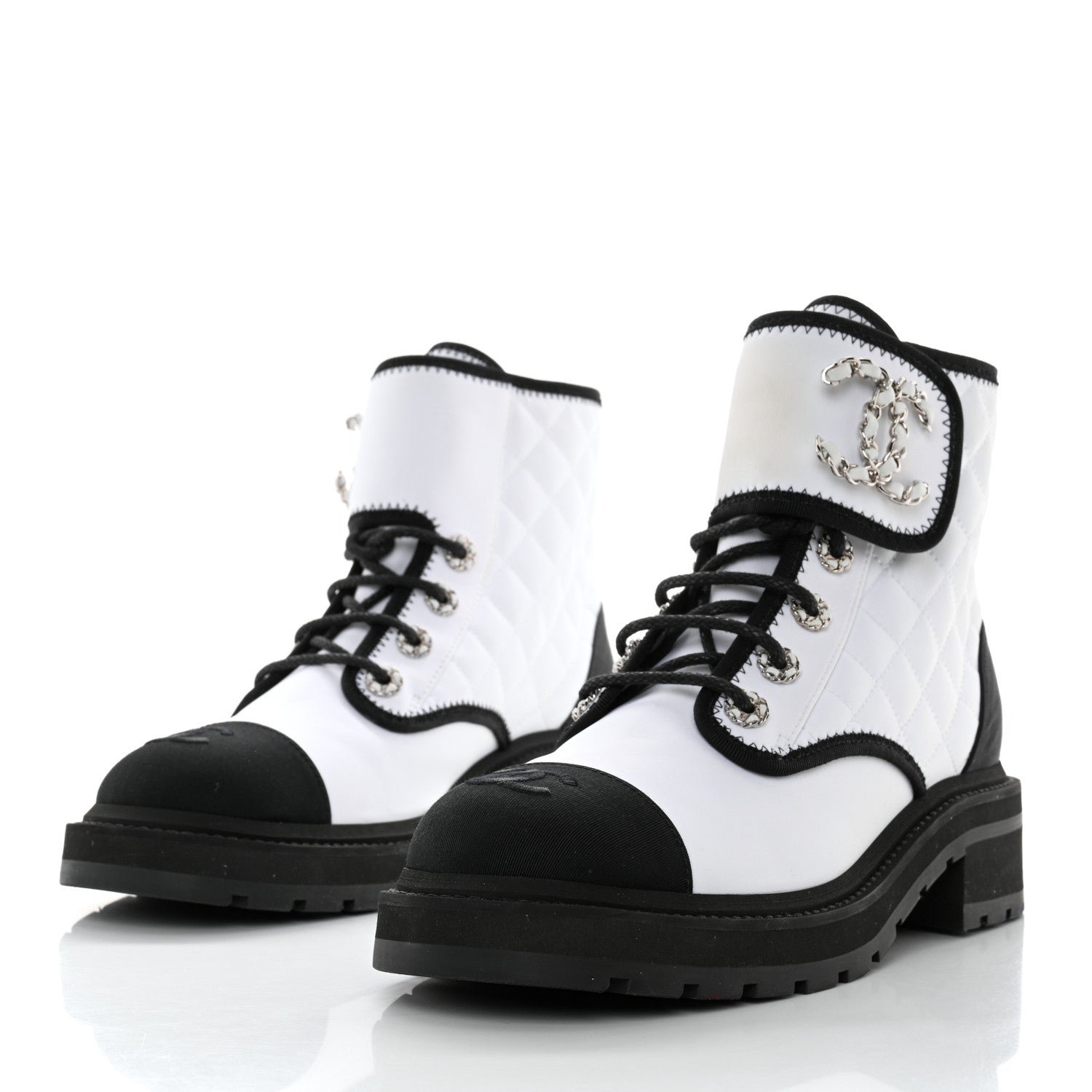 Chanel Fabric Grosgrain Quilted Cap Toe Lace Up Combat Boots 39 Black White 3 of 11