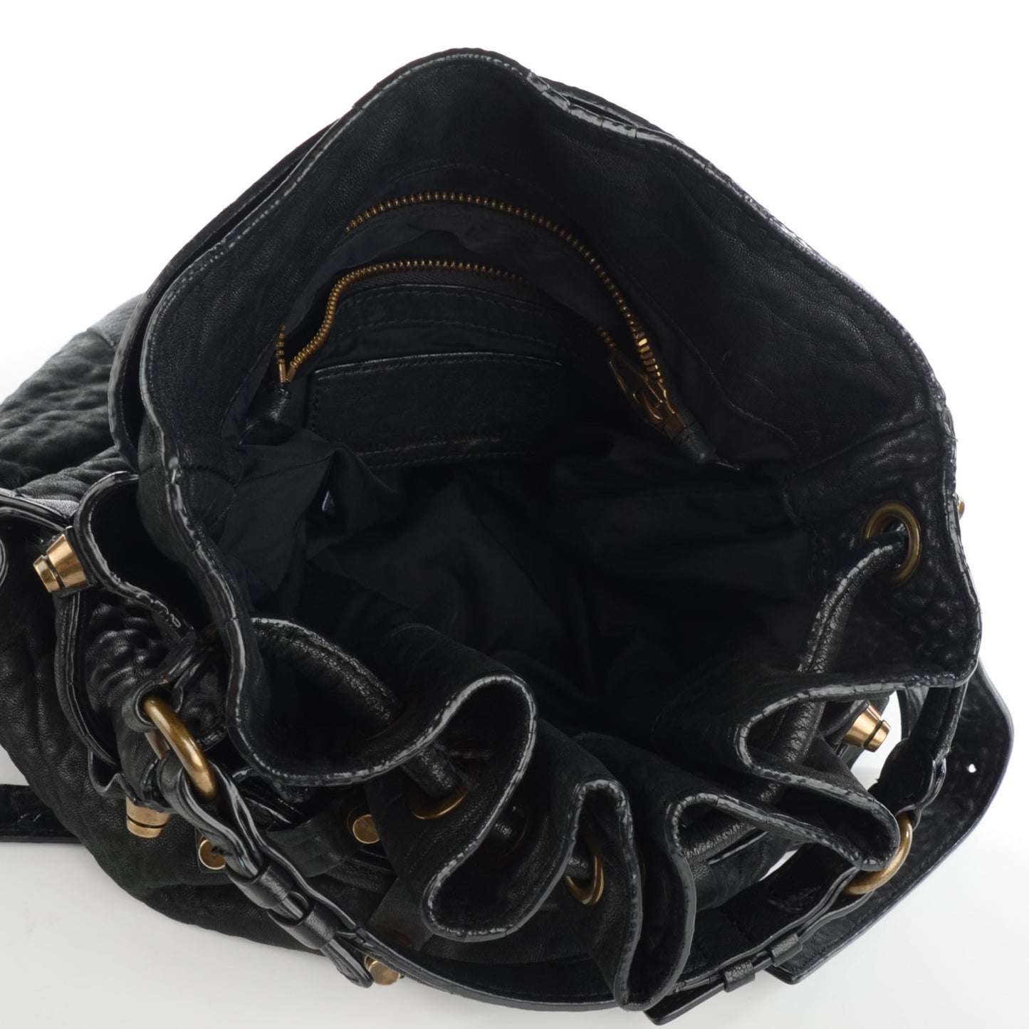 Pebbled Lambskin Diego Bucket Bag Black Antique Brass Hardware