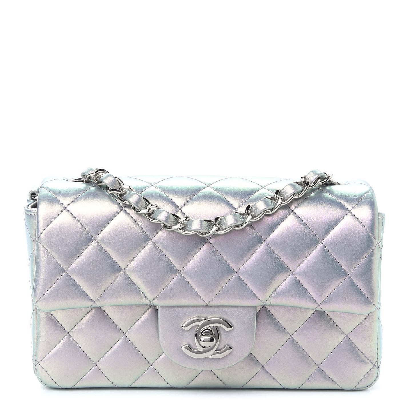 Iridescent Calfskin Quilted Mini Rectangular Flap Light Blue
