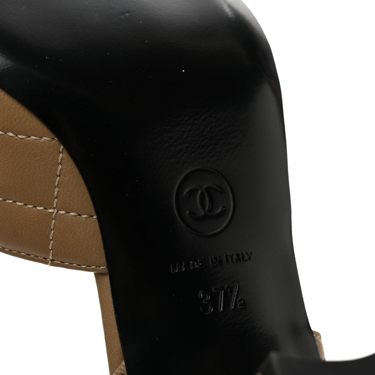 Chanel Lambskin Patent Calfskin Quilted Cap Toe CC Slingback Pumps 37.5 Beige Black 7 of 9