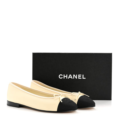 Chanel Calfskin Grosgrain Cap Toe CC Ballerina Flats 38 Ivory Black 11 of 11