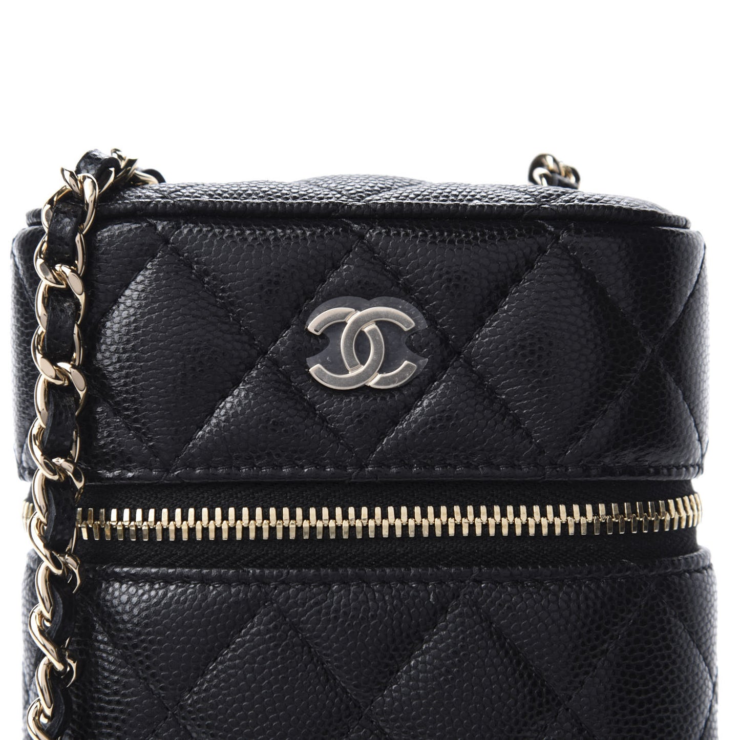 Caviar Quilted Phone Holder With Chain Black