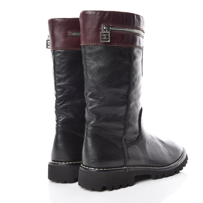Chanel Calfskin Motorcycle Zipper Boots 38 Black Burgundy 4 of 12