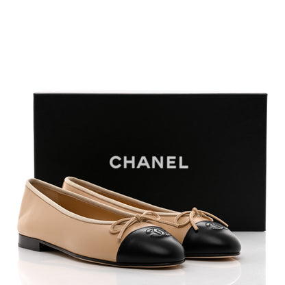 Chanel Lambskin Cap Toe CC Ballerina Flats 38 Beige Black 9 of 9