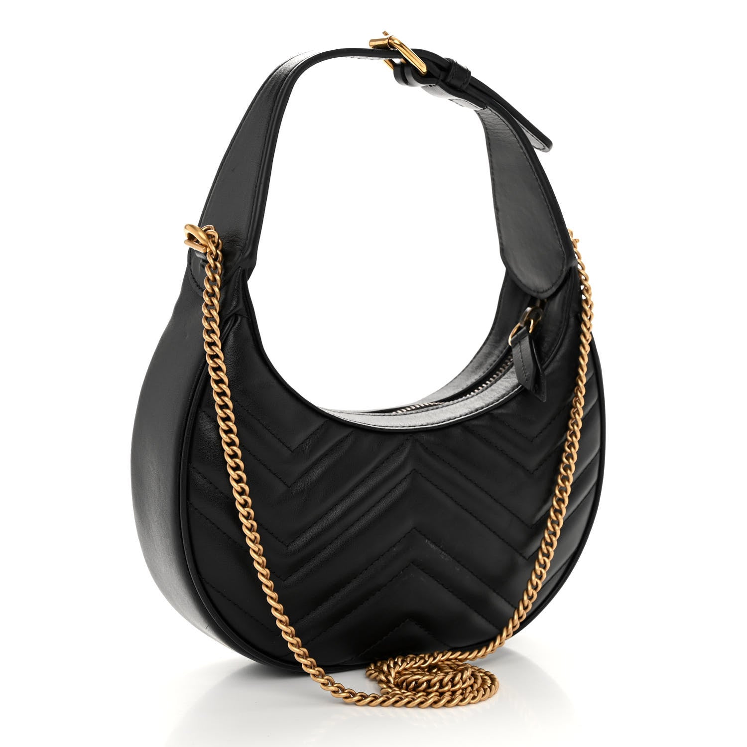 Gucci Calfskin Matelasse Chevron Mini GG Marmont Half Moon Hobo Black 3 of 11