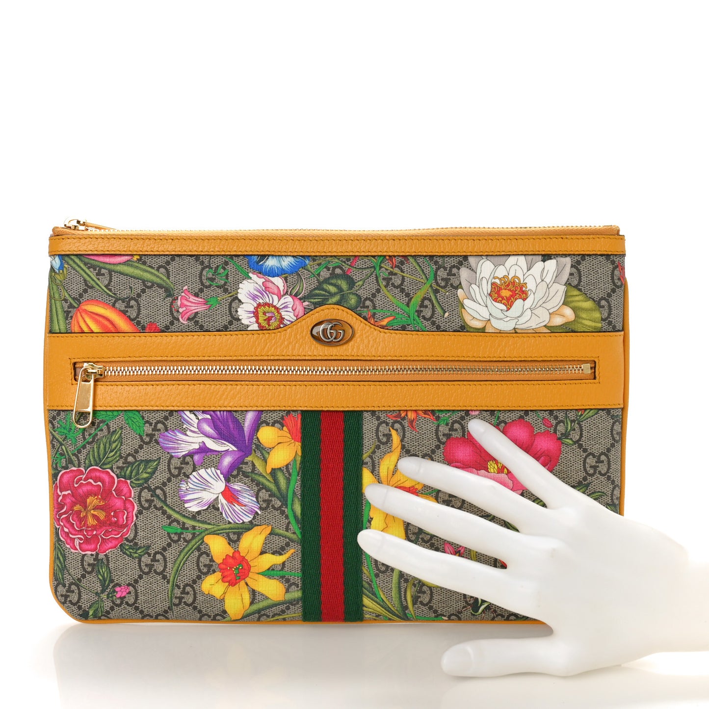 GG Supreme Monogram Flora Large Ophidia Pouch Clutch Beige Multicolor Crop