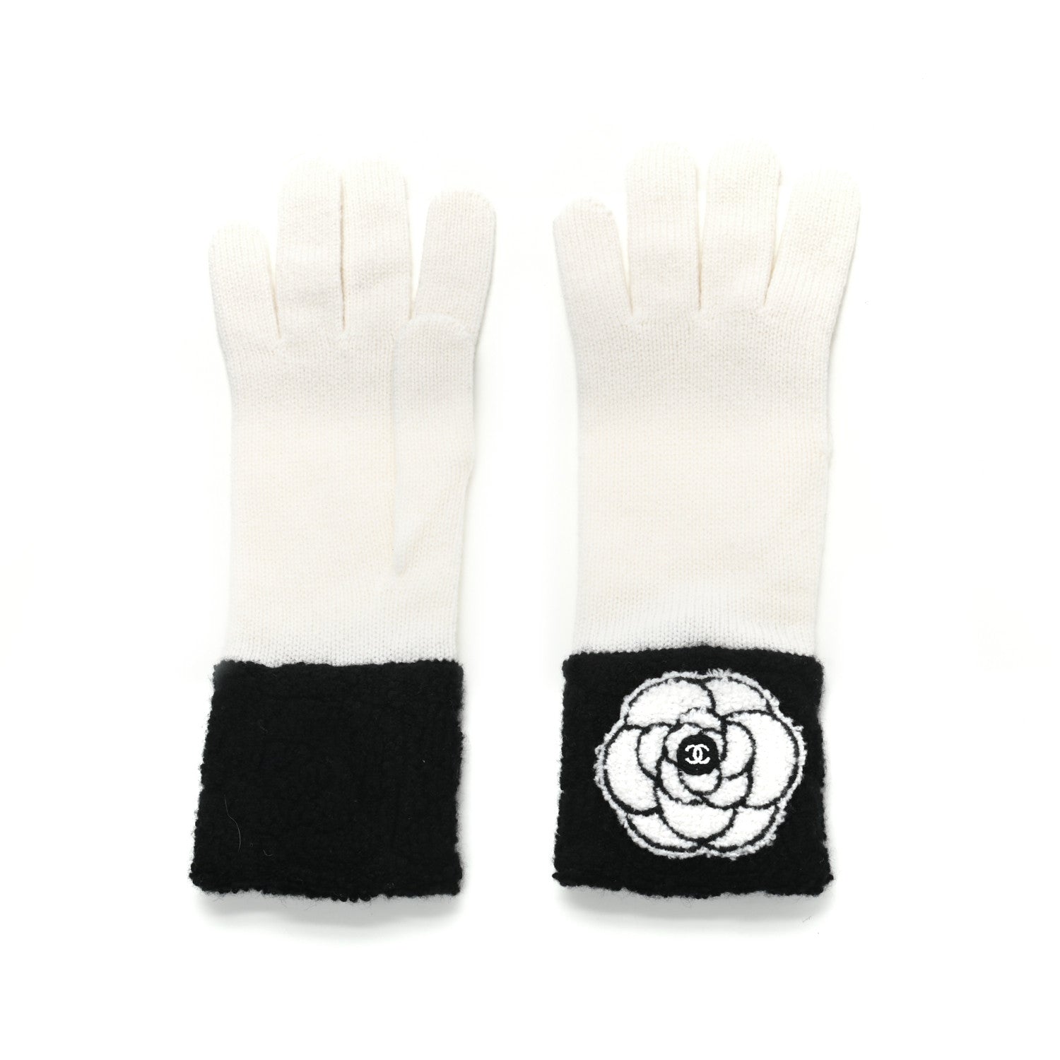 Chanel Cashmere Camellia CC Gloves White Black 1 of 3