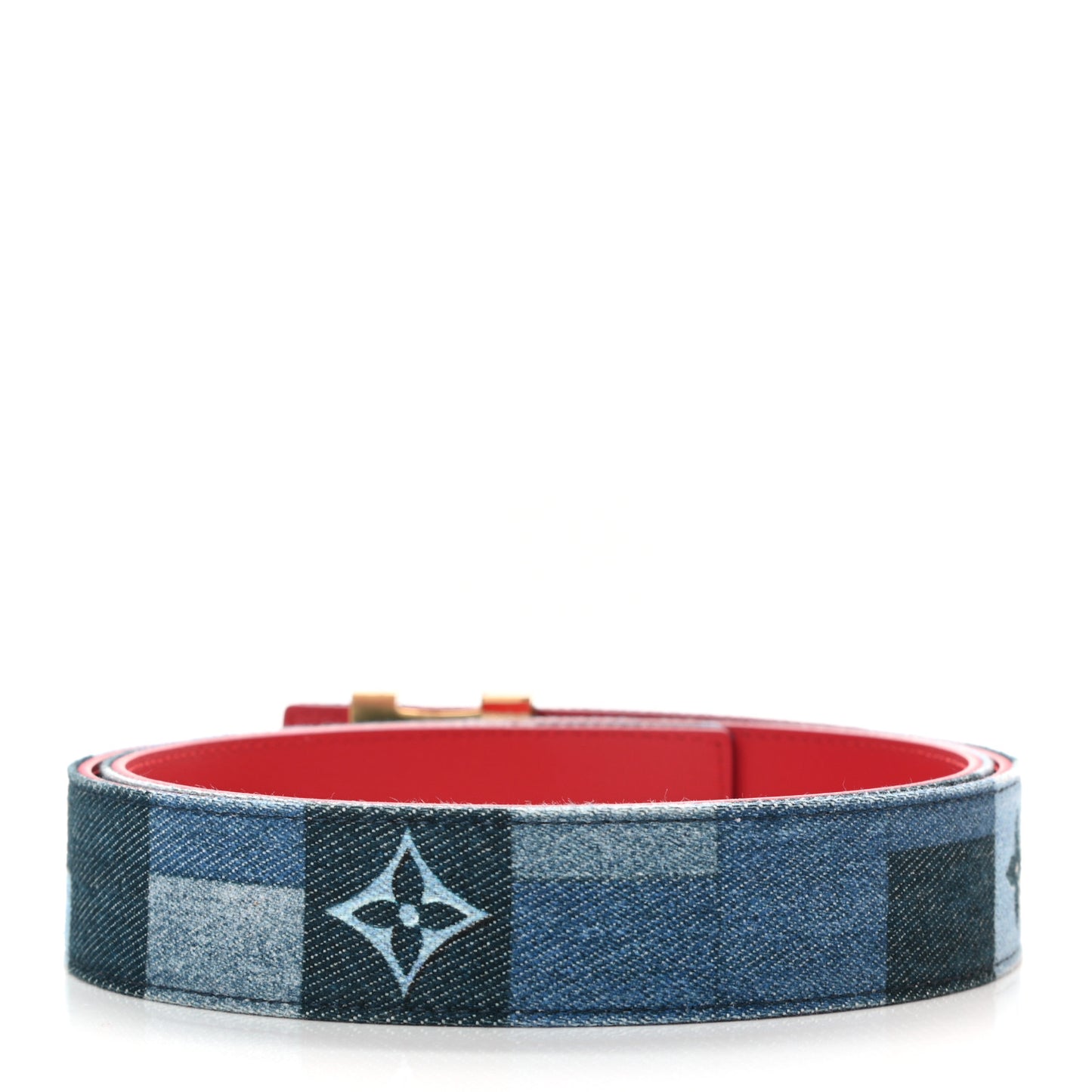 Denim Damier Monogram Patchwork 30mm Iconic Reversible Belt 80 32 Blue Rouge