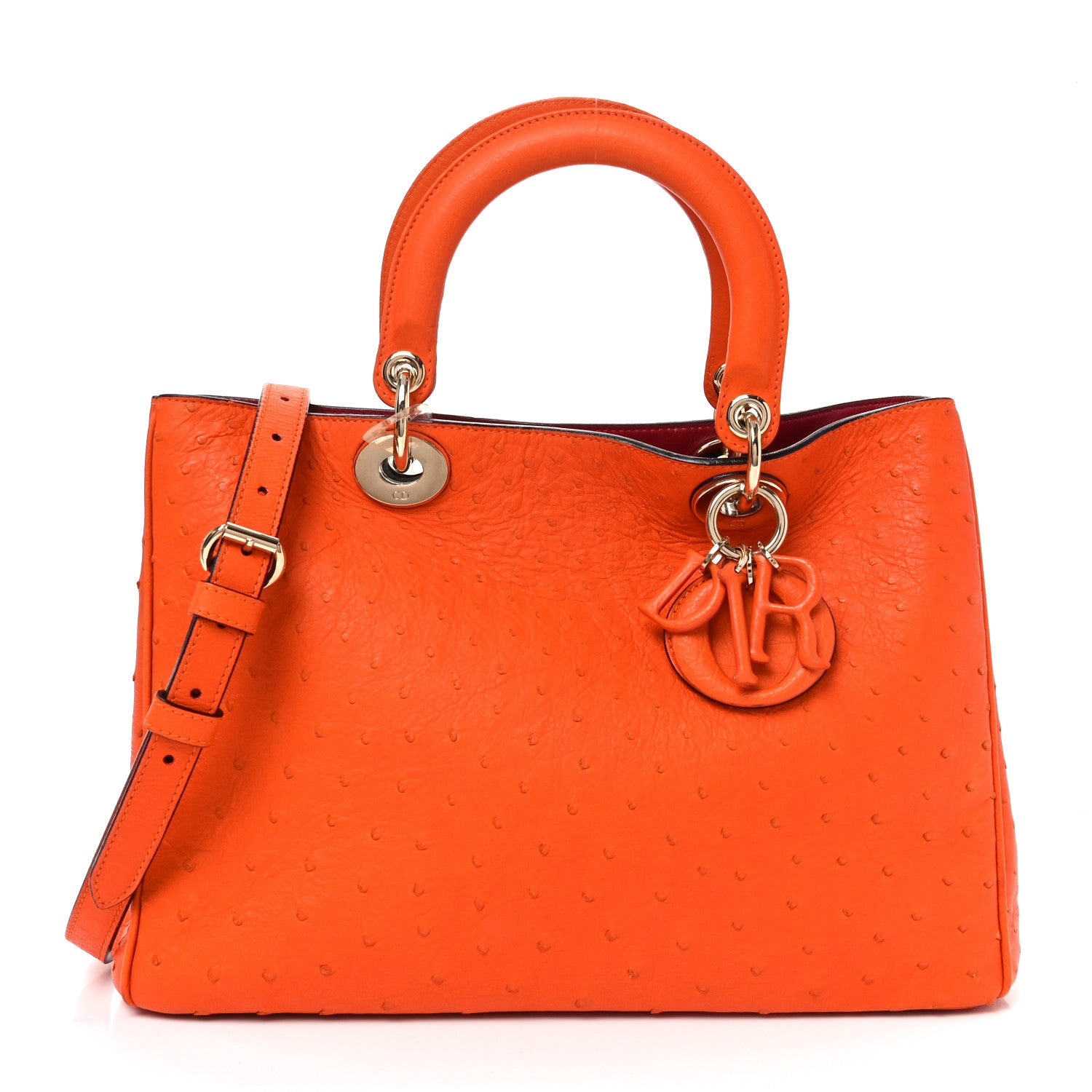 Christian Dior Ostrich Medium Diorissimo Tote Orange Fuchsia