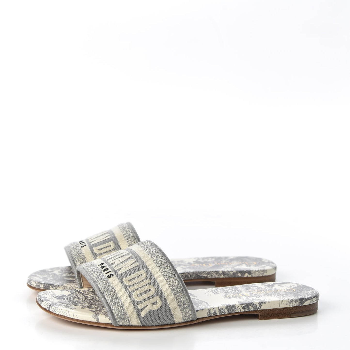 Canvas Toile de Jouy Embroidered Dway Flat Slide Sandals 36 Grey Stone