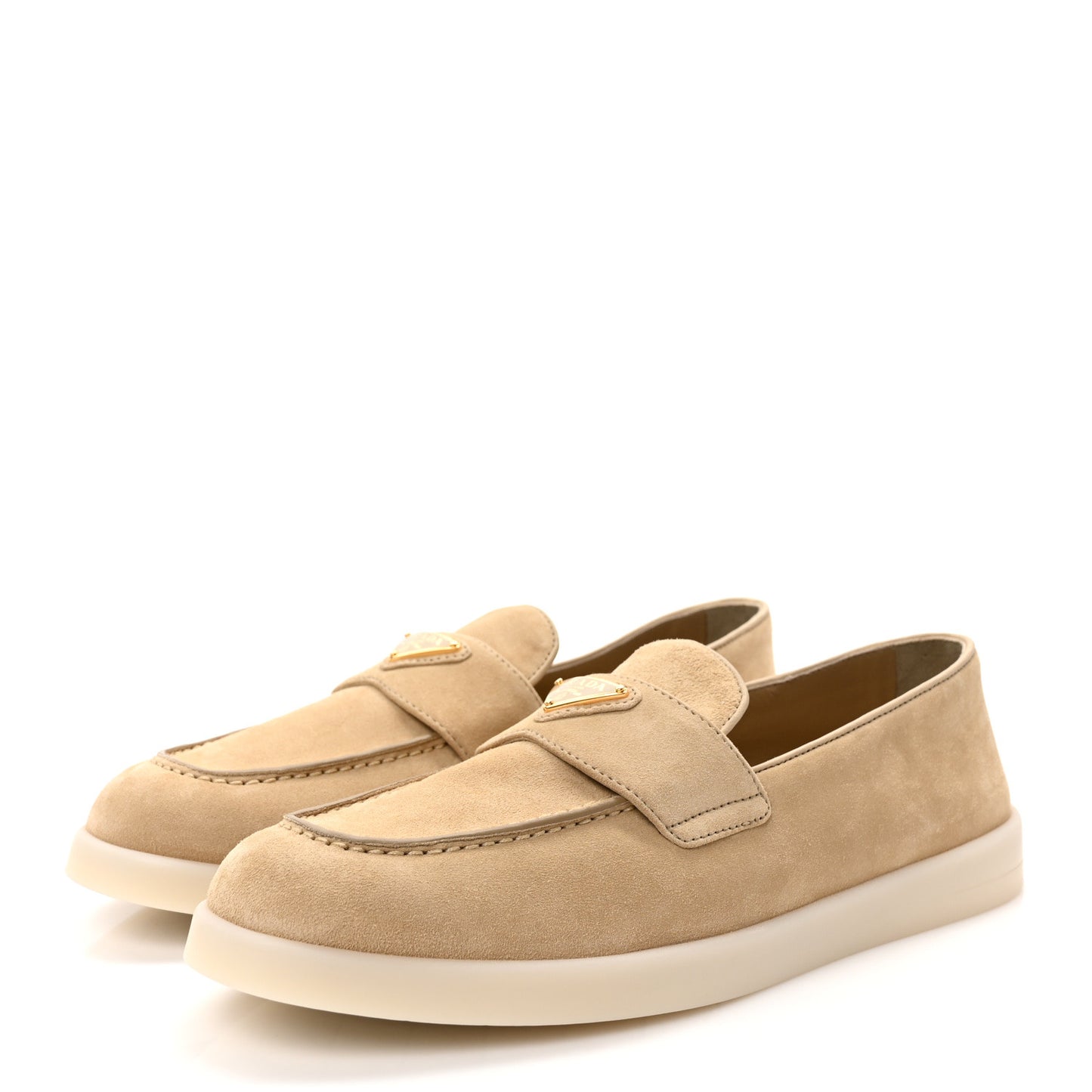 Vitello Scamosciato Metal Triangle Logo Saint Tropez 25mm Loafers 40 Ecru