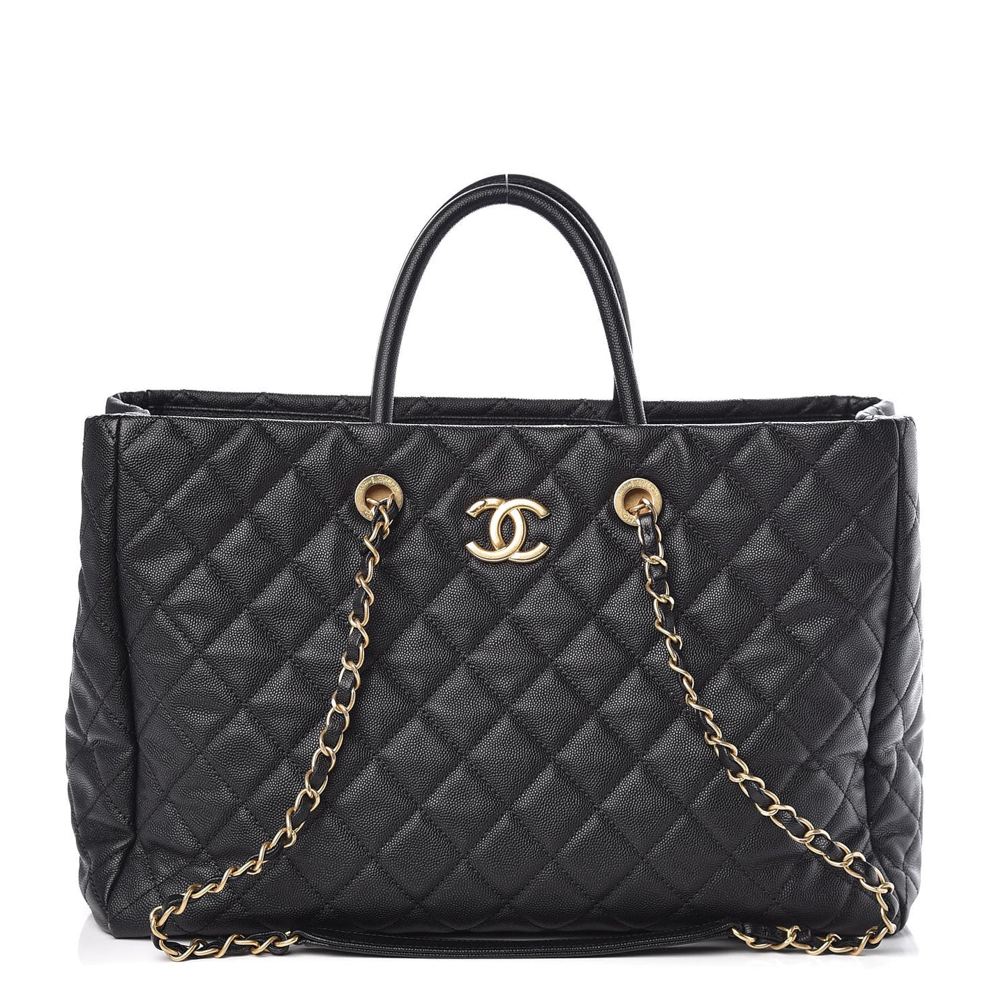 Caviar Quilted Large Coco Handle Shopping Tote Black