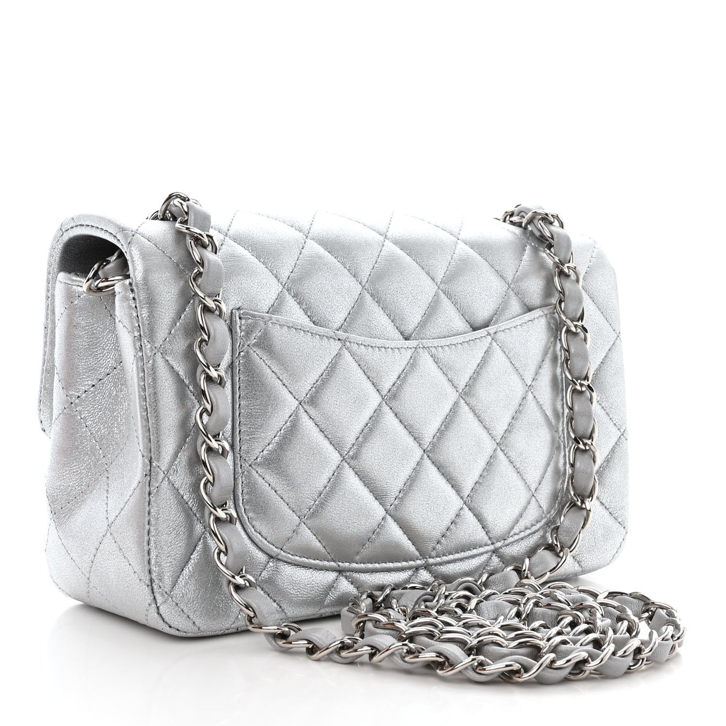 Metallic Lambskin Quilted Mini Rectangular Flap Silver