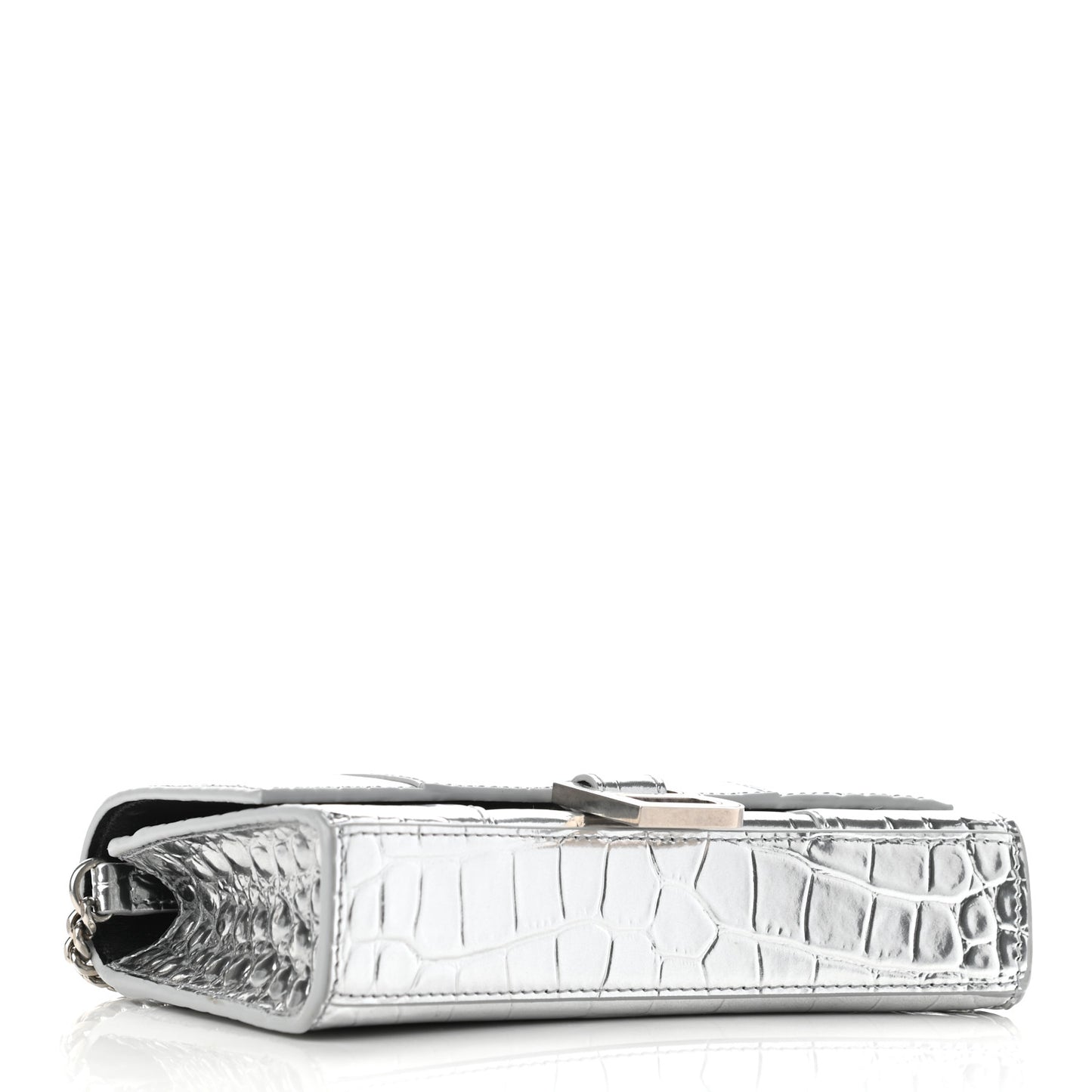 Metallic Calfskin Crocodile Embossed Hourglass Chain Bag Silver