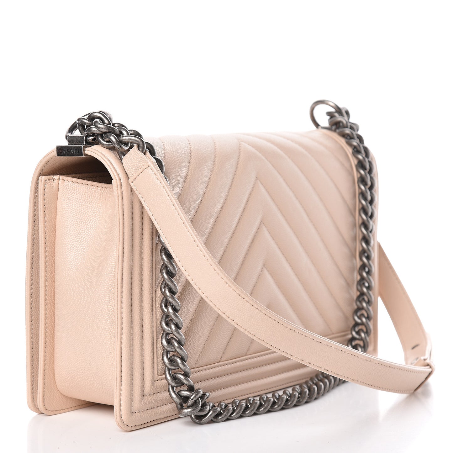 Caviar Chevron Quilted New Medium Boy Flap Light Beige