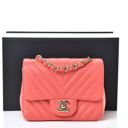 Chanel Lambskin Chevron Quilted Mini Square Flap Coral 10 of 10