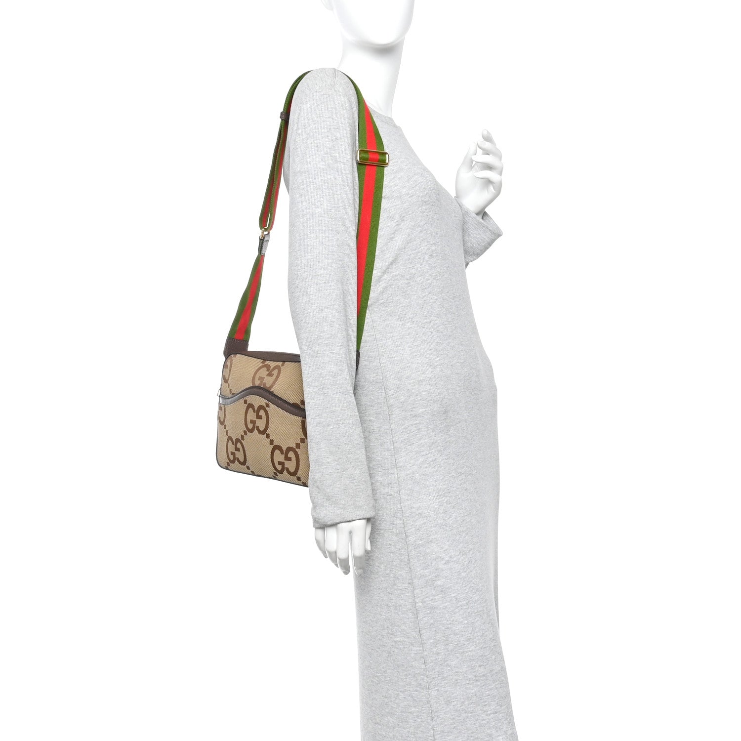 Gucci Monogram Jumbo GG Textured Dollar Calfskin Web Messenger Shoulder Bag Camel Ebony New Acero 2 of 10