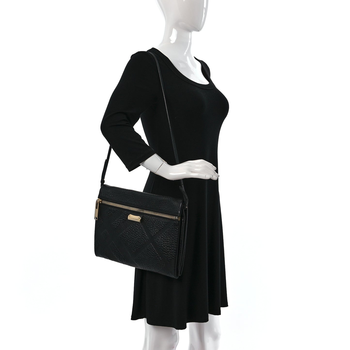Signature Grain Calfskin Check Embossed Medium Balmoral Clutch Bag Black