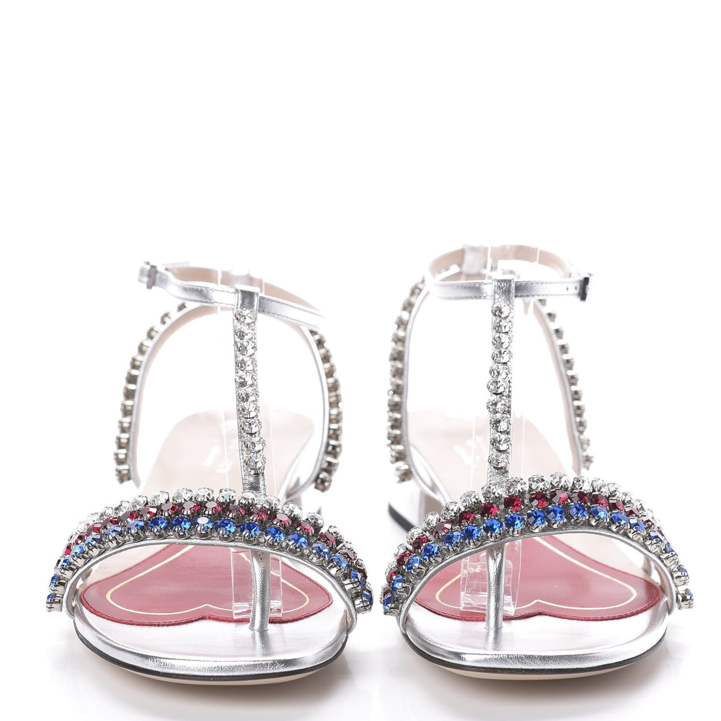 Nappa Silk Crystal Bertie T-Strap Low Heel Sandals 36 Argento