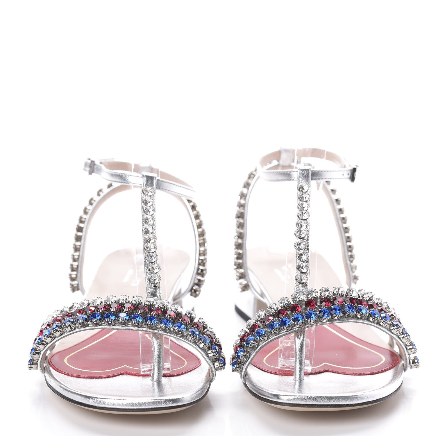 Gucci Nappa Silk Crystal Bertie T-Strap Low Heel Sandals 36 Argento 2 of 7