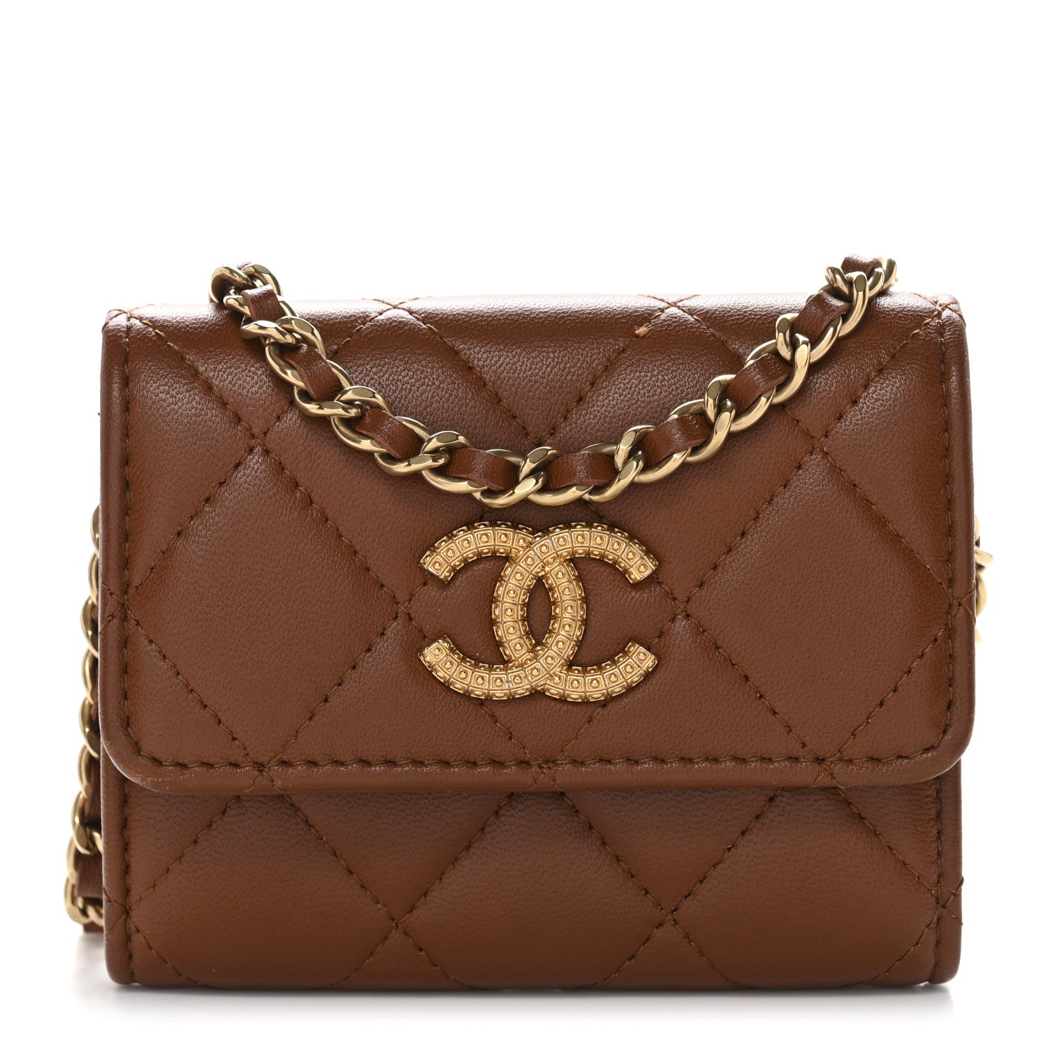 Chanel Lambskin Quilted Studded CC Clutch With Chain Brown 1 of 12