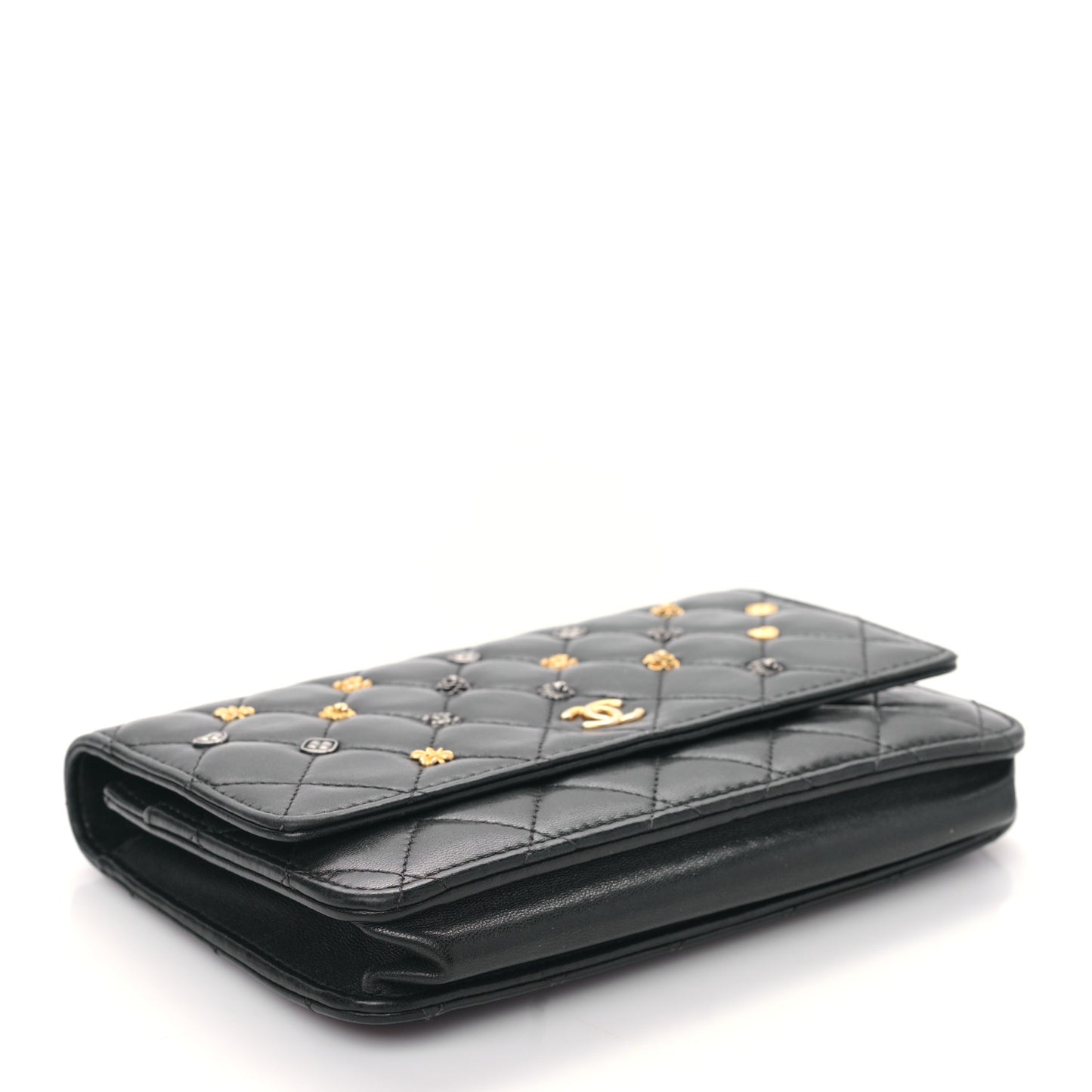 Lambskin Quilted Studded Wallet On Chain WOC Black