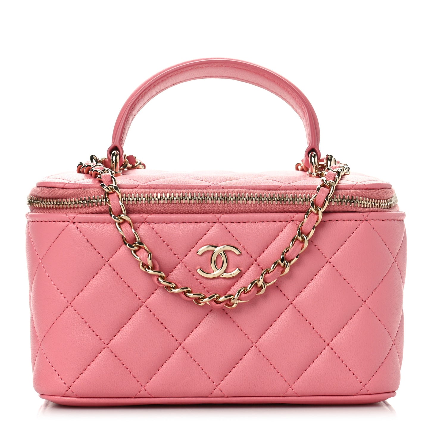Lambskin Quilted Small Top Handle Vanity Case With Chain Pink