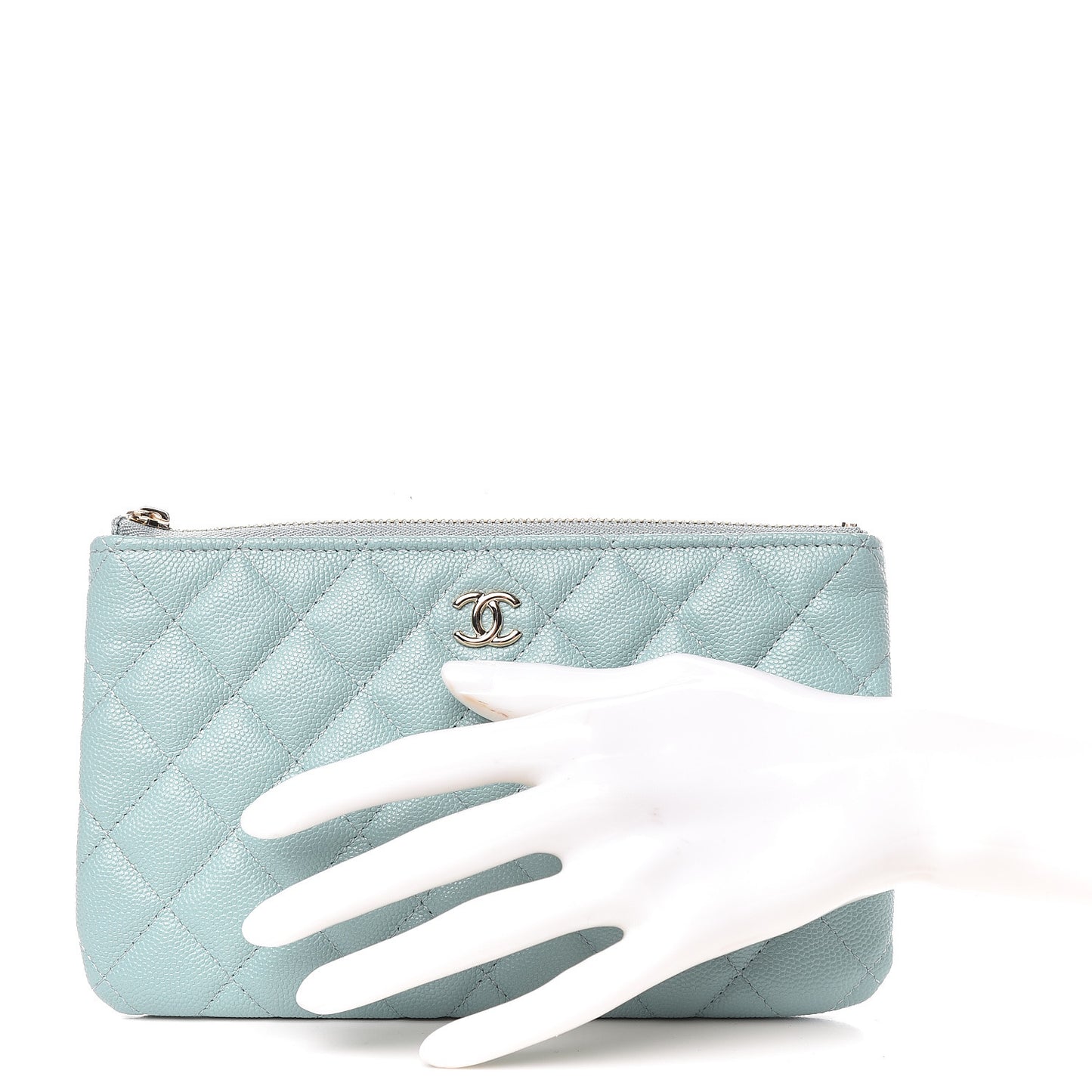 Iridescent Caviar Quilted Cosmetic Case Light Blue