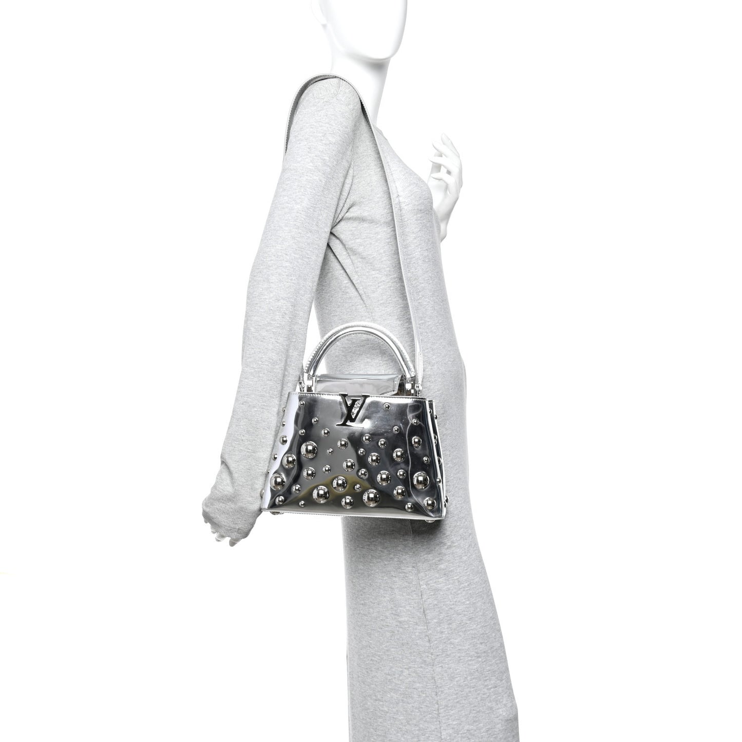 LV X YK Metallic Taurillon Brass Metal Dots Capucines BB Silver