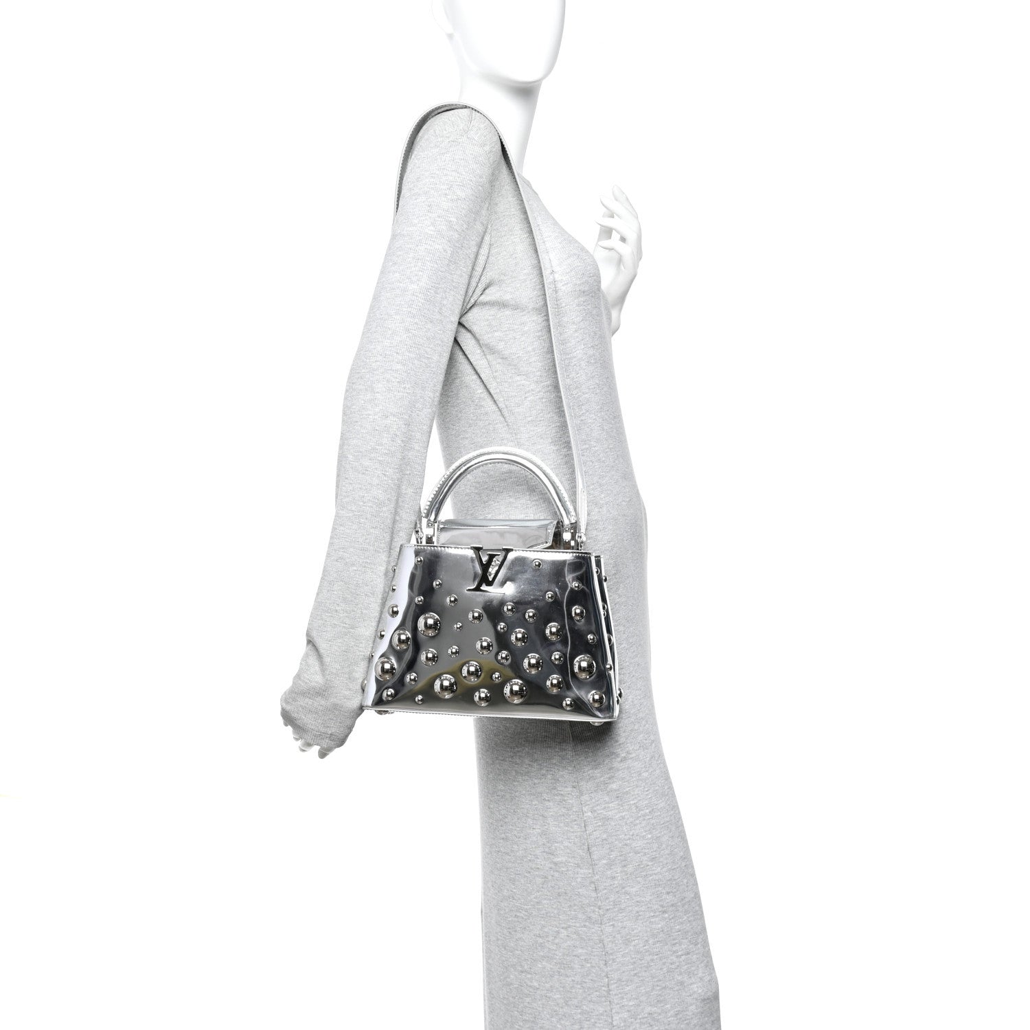 Louis Vuitton LV X YK Metallic Taurillon Brass Metal Dots Capucines BB Silver 2 of 9
