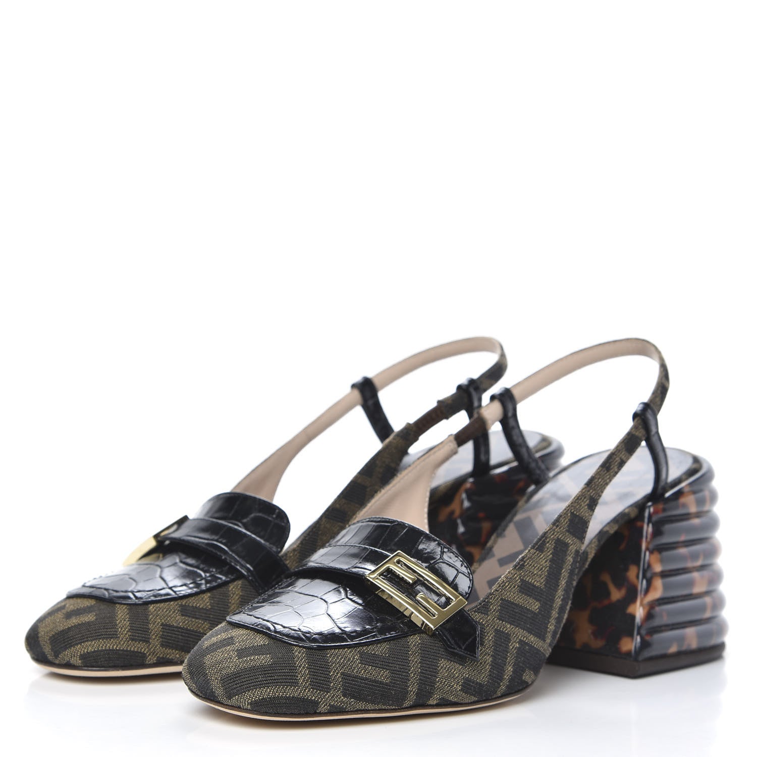 Fendi Jacquard Calfskin FF Tortoise Promenade Slingback Loafer Pumps 38.5 Tobacco 3 of 9