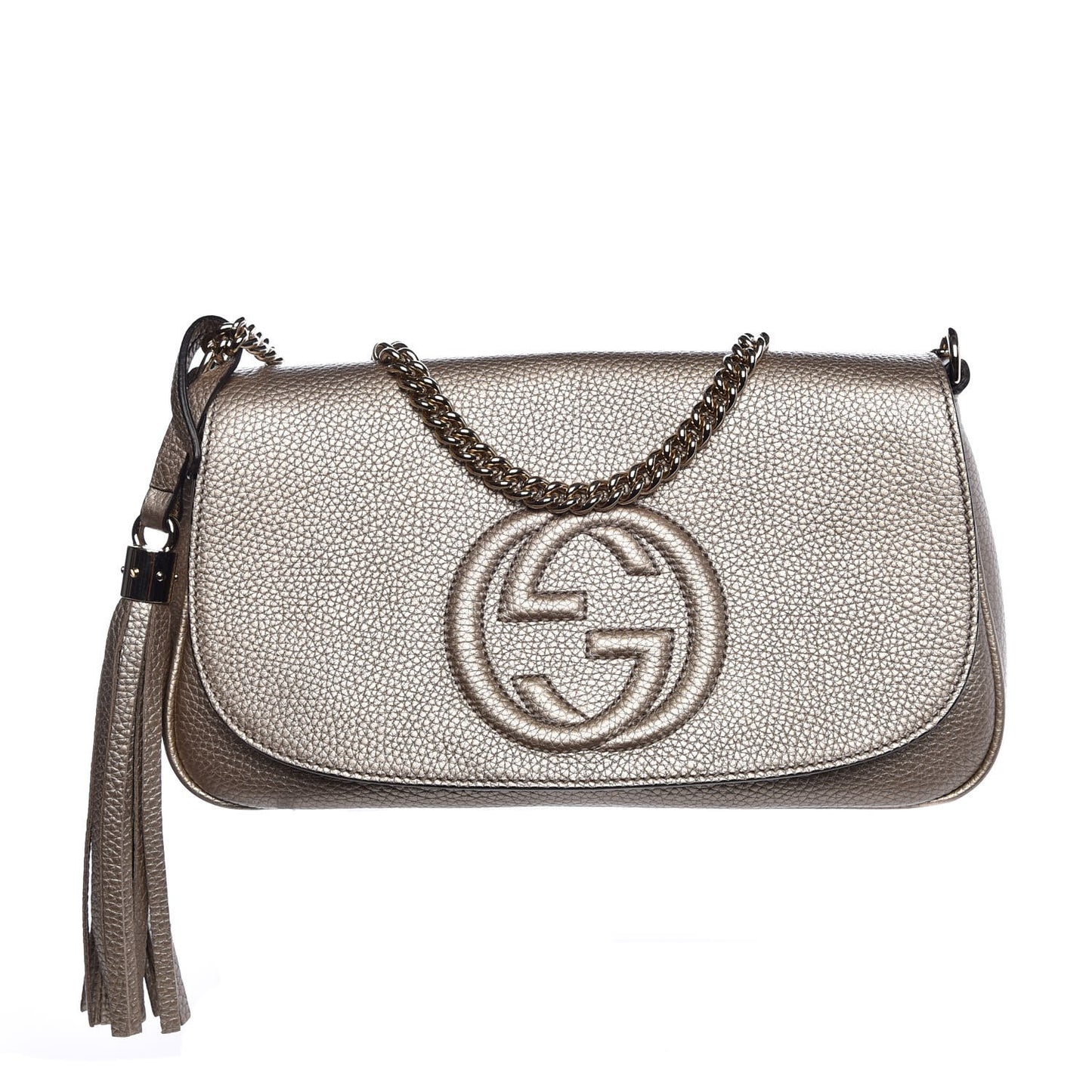 Metallic Pebbled Calfskin Medium Soho Flap Crossbody Golden Beige