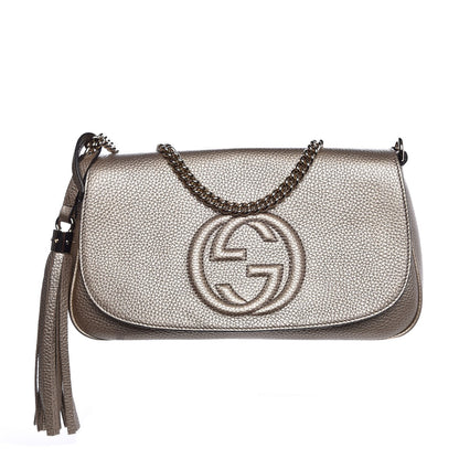Gucci Metallic Pebbled Calfskin Medium Soho Flap Crossbody Golden Beige 1 of 7