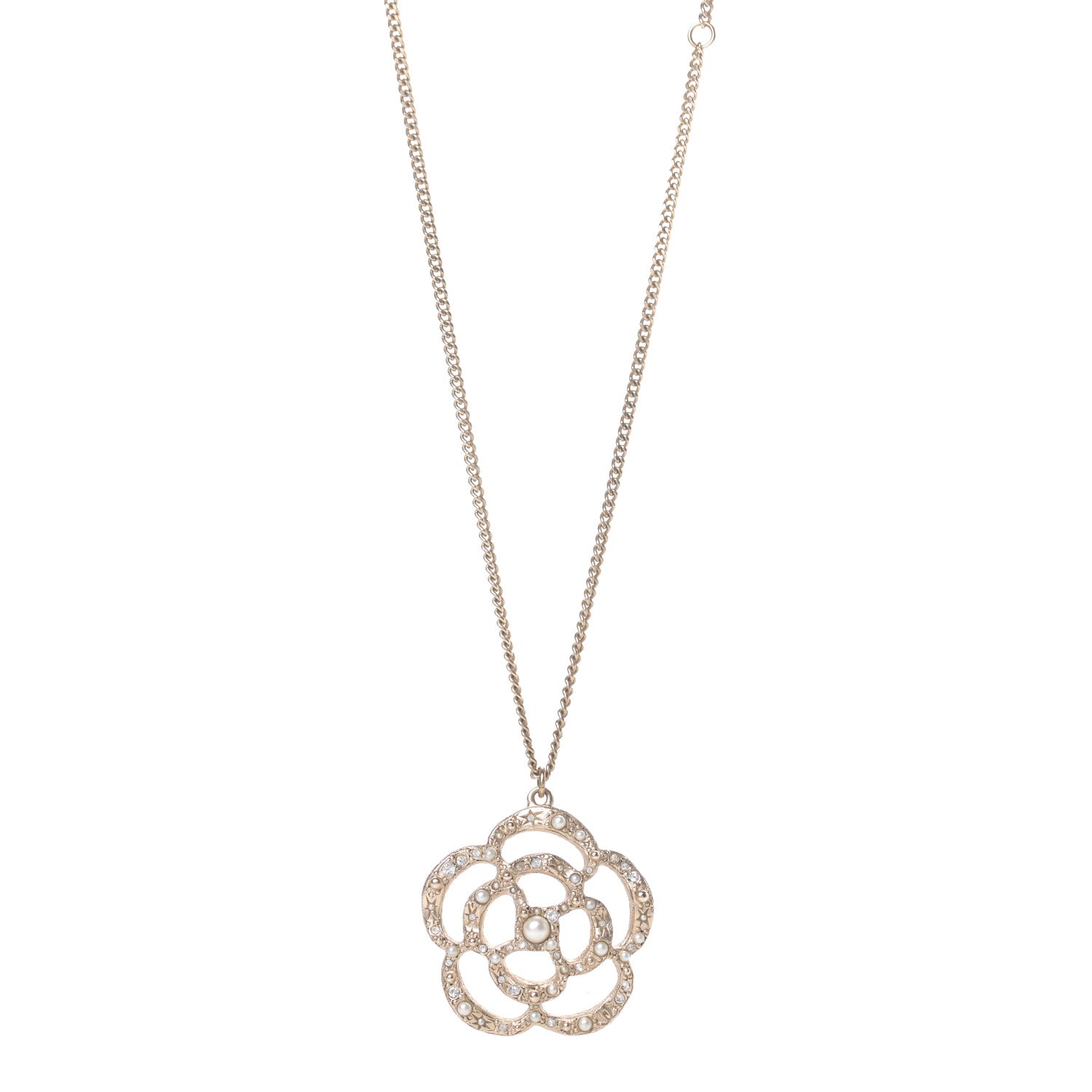 Chanel Crystal Pearl Camellia Necklace Gold 1 of 4