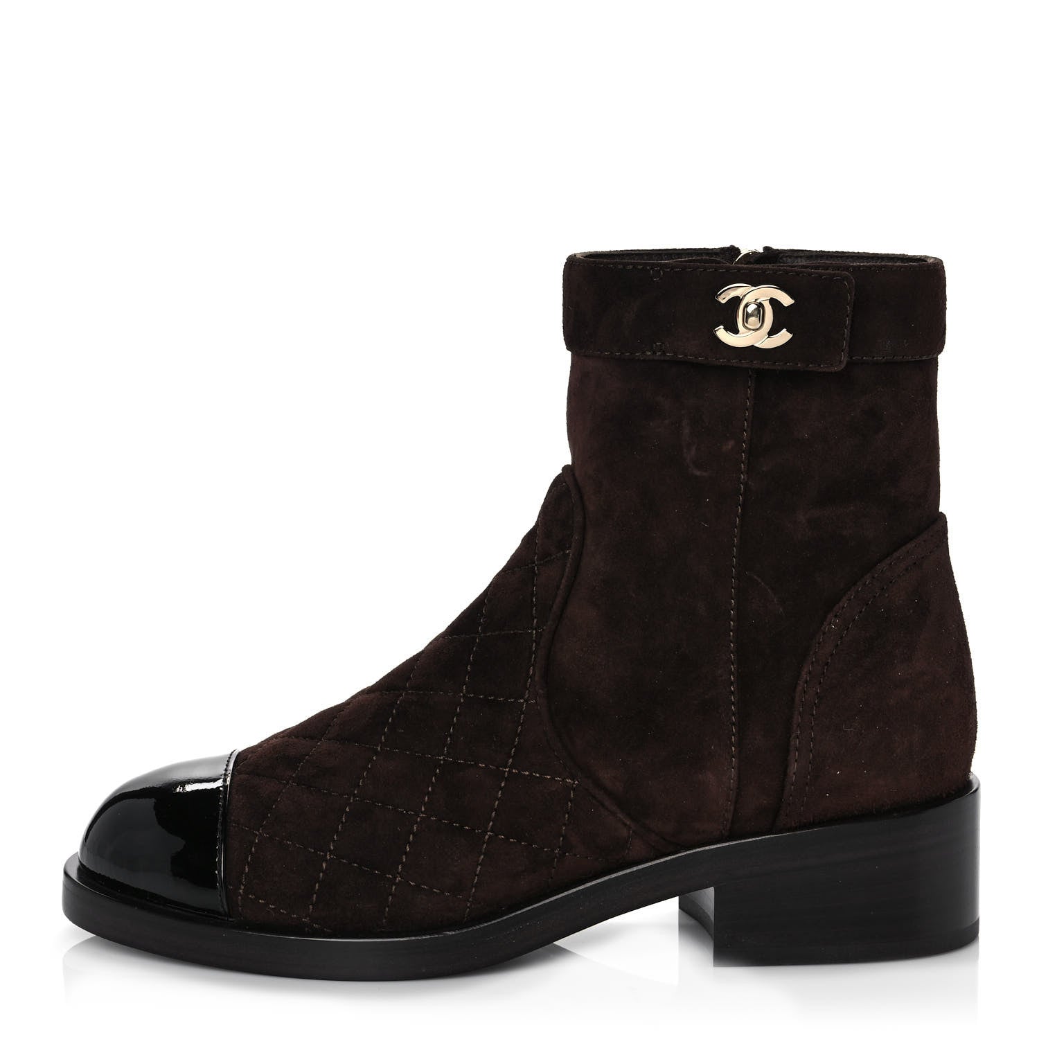 Chanel Suede Patent Calfskin Quilted Cap Toe Short Boots 36 Brown Black 1 of 9