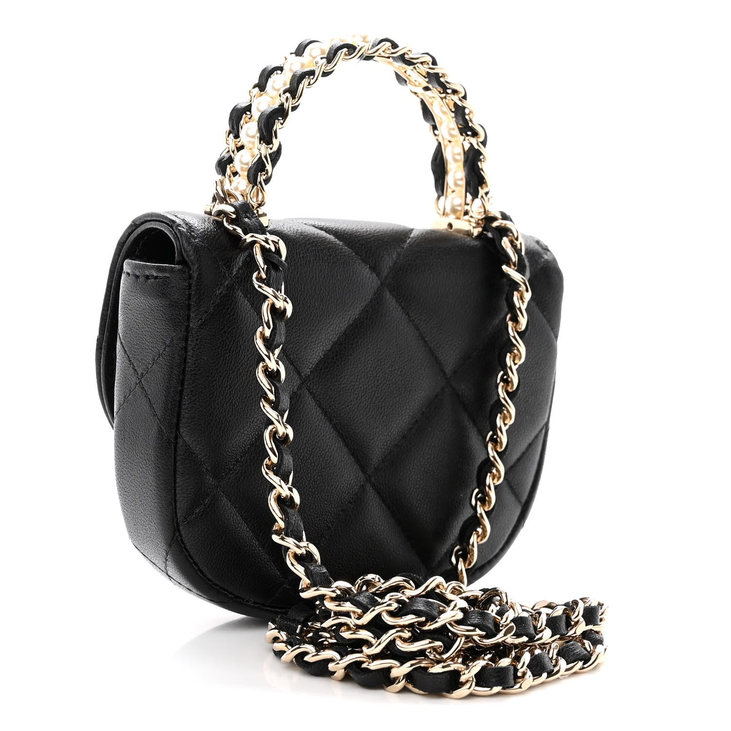 Chanel Lambskin Quilted Pearl Top Handle Clutch With Chain Black 3 of 11