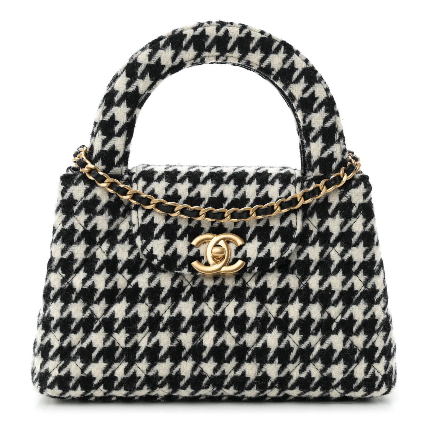 Tweed Houndstooth Quilted Nano Kelly Shopper Black White