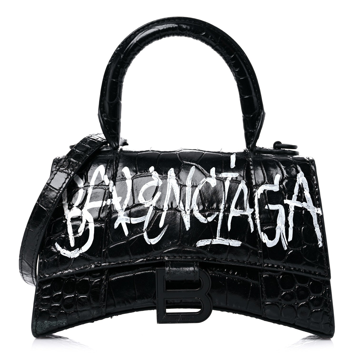 Balenciaga Calfskin Graffiti Logo Monochrome Crocodile Embossed Hourglass Top Handle Bag XS Black 1 of 16