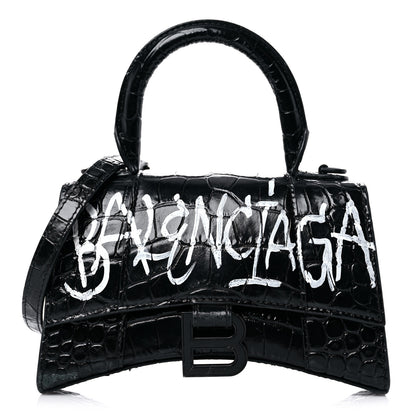 Balenciaga Calfskin Graffiti Logo Monochrome Crocodile Embossed Hourglass Top Handle Bag XS Black 1 of 16